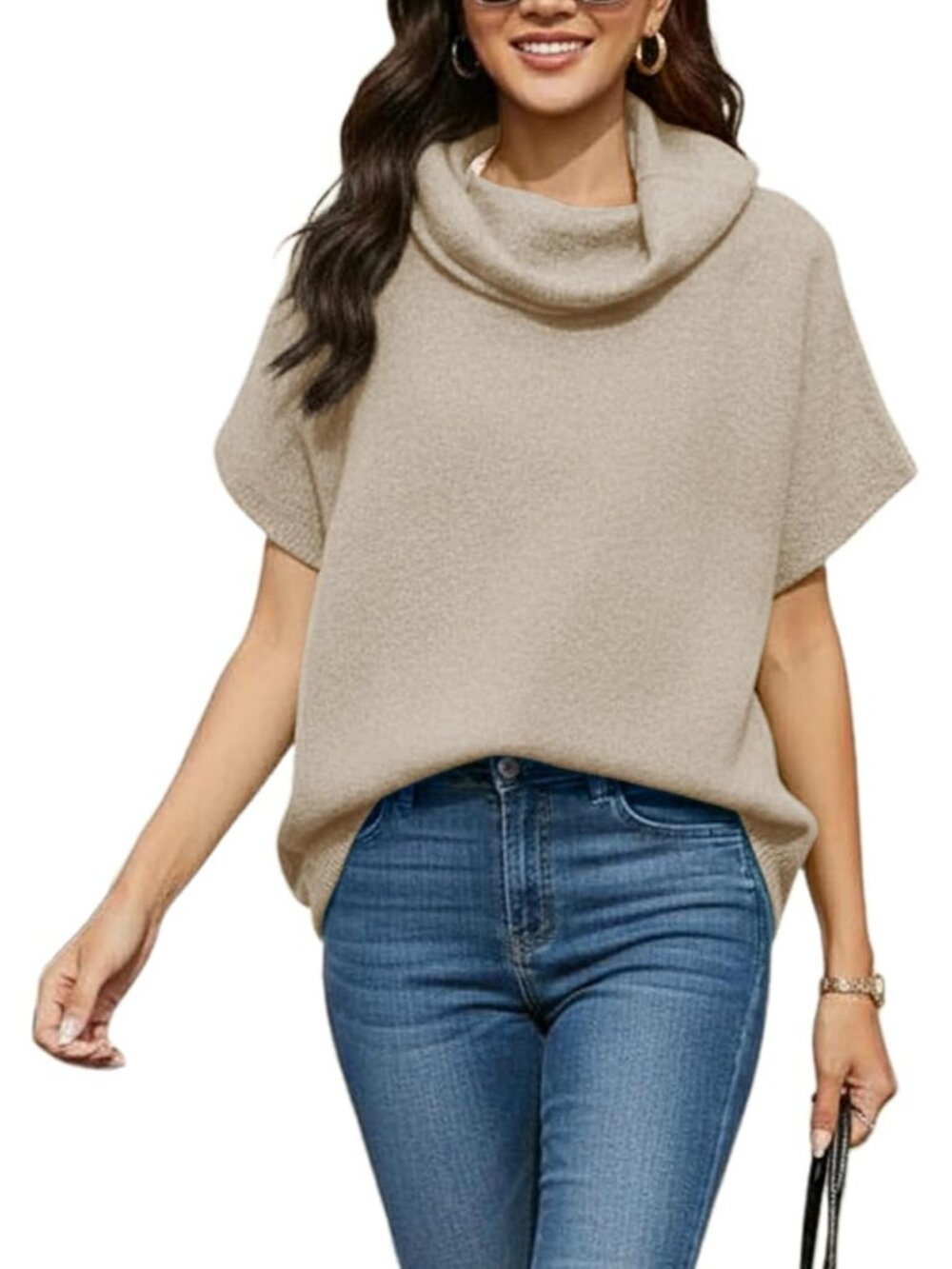 Women's Beige Short Batwing Sleeve Loose Fit Lightweight Turtleneck Sweaters - Picture 3 of 7